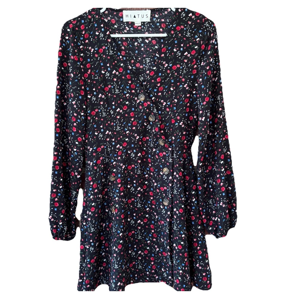 Hiatus Ditsy Black Floral Mini Dress Women's M Button‎ Front Grunge Whimsy Goth